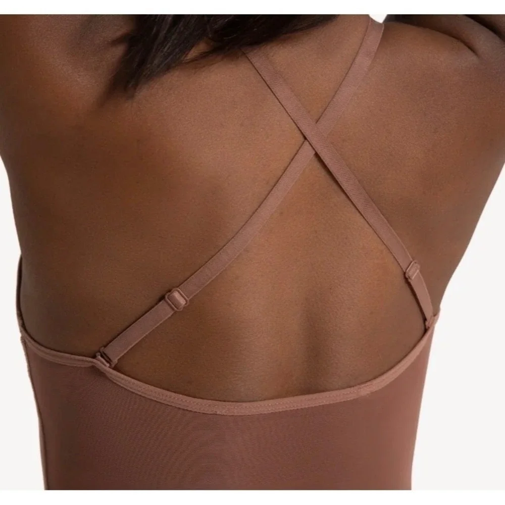 Capezio Plunge Neck Mesh Midriff Leotard skintone 60 brown CM NWT child medium